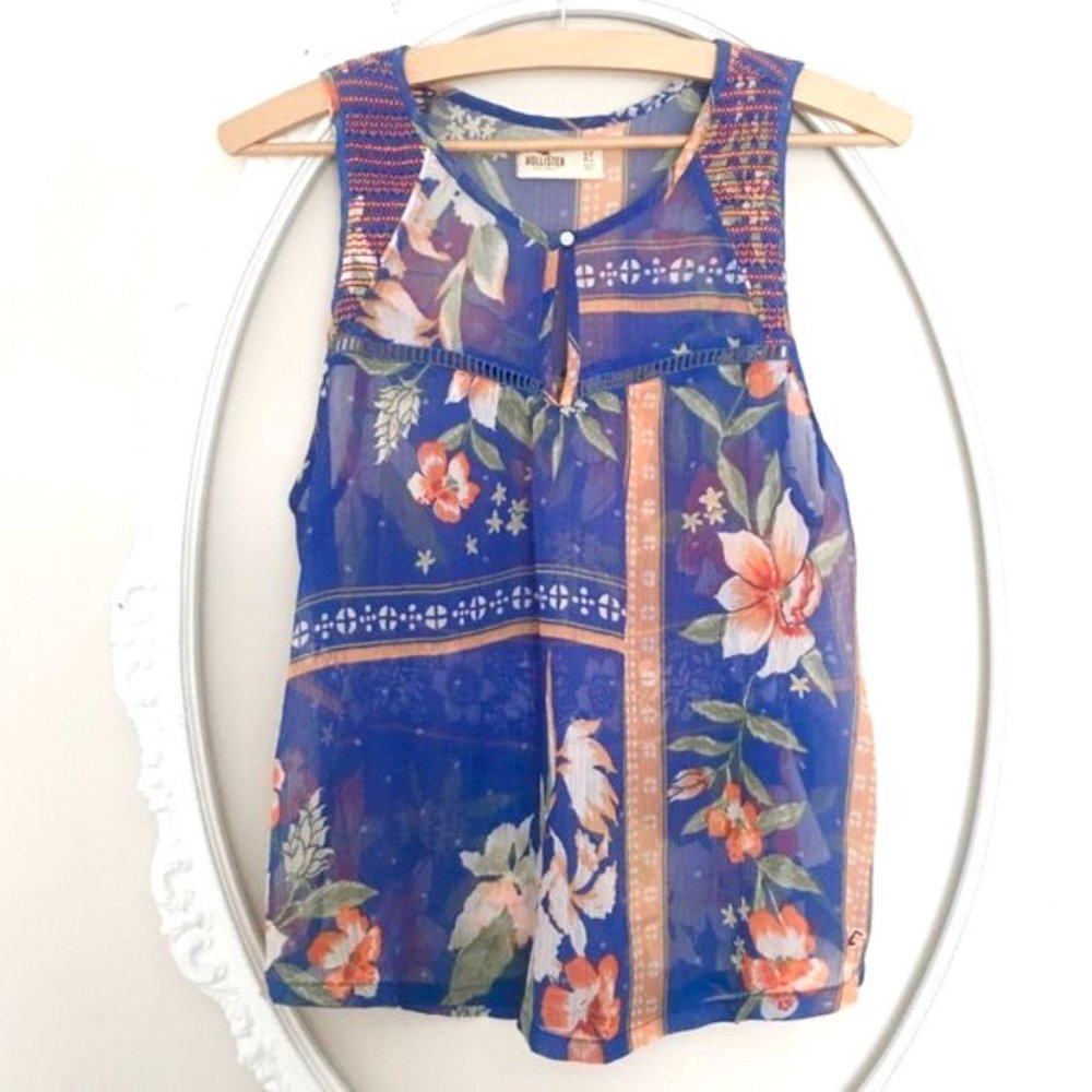 Hollister semi-sheer blue floral tank top XS